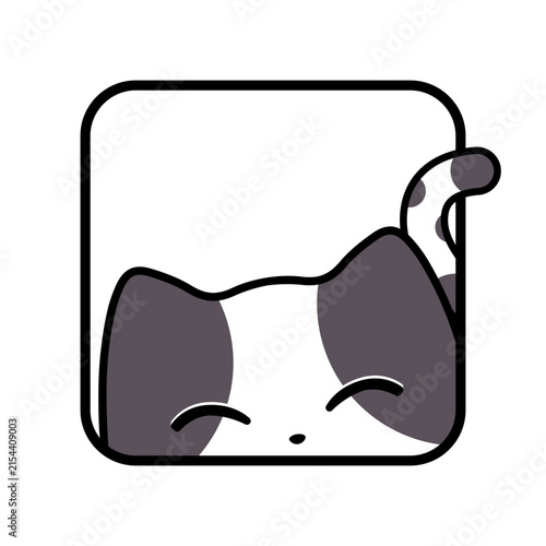 Cute cartoon cat peeking out of a square frame with a happy smiling expression