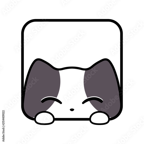 Adorable cartoon cat peeking over a square frame with paws showing and smiling