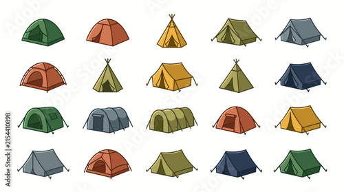 Camping tent icons set showcasing various shelter types, colorful outdoor equipment and tourist gear, concept for nature adventure and wilderness tourism