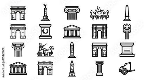 Ancient monument and classical architecture line icons featuring triumphal arches, Greek columns and historic obelisks, concept for travel design and heritage education