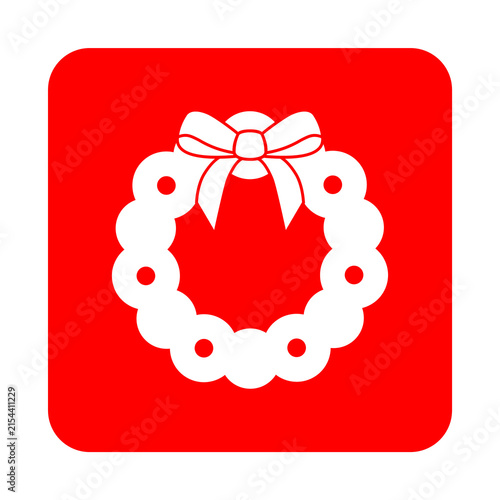 Tiempo de Navidad. Icono con corona navideña de hojas y bayas y lazo de cinta en cuadrado rojo para tarjetas y felicitaciones. Archivo PNG con transparencia