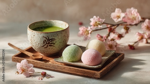 elegant table setting with seasonal Japanese sweets and hot green tea, cherry blossoms softly blurred in the background, photorealistic textures and wide empty space for branding
