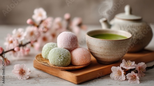 elegant table setting with seasonal Japanese sweets and hot green tea, cherry blossoms softly blurred in the background, photorealistic textures and wide empty space for branding