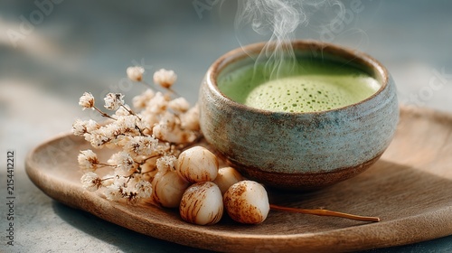 elegant table setting with seasonal Japanese sweets and hot green tea, cherry blossoms softly blurred in the background, photorealistic textures and wide empty space for branding