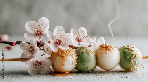 elegant table setting with seasonal Japanese sweets and hot green tea, cherry blossoms softly blurred in the background, photorealistic textures and wide empty space for branding