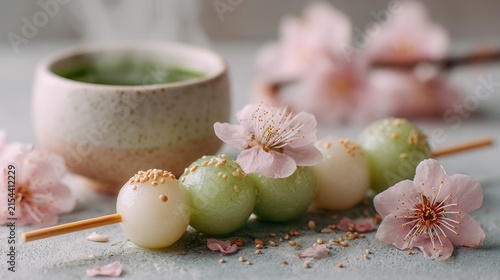 elegant table setting with seasonal Japanese sweets and hot green tea, cherry blossoms softly blurred in the background, photorealistic textures and wide empty space for branding