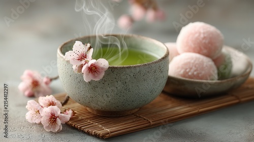 elegant table setting with seasonal Japanese sweets and hot green tea, cherry blossoms softly blurred in the background, photorealistic textures and wide empty space for branding