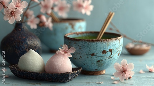 elegant table setting with seasonal Japanese sweets and hot green tea, cherry blossoms softly blurred in the background, photorealistic textures and wide empty space for branding