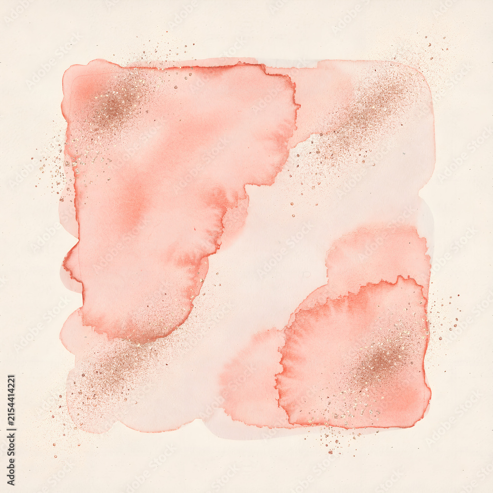 Fototapeta premium Square Coral Peach Watercolor Paint Wash Texture Background With Shimmering Rose Gold Glitter Accents