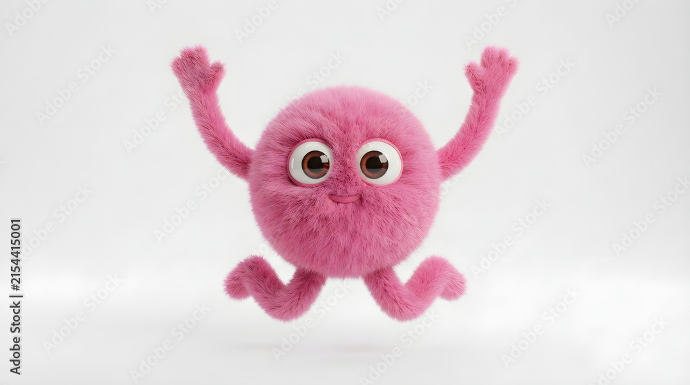 Fototapeta premium Joyful Pink Furry Creature Jumping Isolated on White on a transparent background