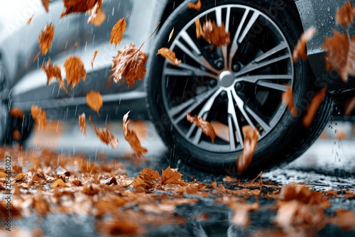 Rainy autumn day car wheel with falling leaves