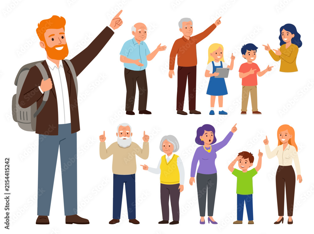 Obraz premium Diversity Group of People Pointing and Gesturing Character Set