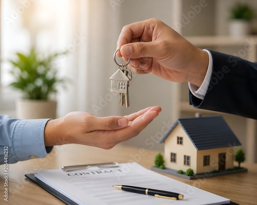 Real estate agent handing over house keys to new homeowner with buying home property investment mortgage contract customer handover ownership