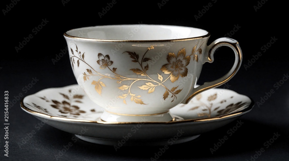 Fototapeta premium Elegant porcelain teacup with gold floral patterns sits on matching saucer. Luxury ceramic tableware features delicate flower design, gold rim. Dark background creates sophisticated mood for tea time
