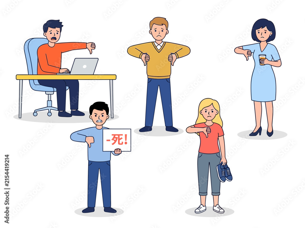 Fototapeta premium People Showing Thumbs Down Gestures for Negative Feedback and Disapproval Vector Illustration