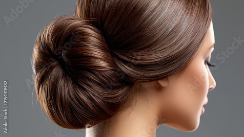 Womans dark brown hair styled in an elegant chignon.