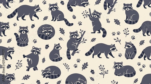 Raccoon seamless pattern with cute forest animals, woodland wildlife wallpaper featuring gray raccoons and oak leaves, hand drawn nature background for nursery textile and gift wrap paper prints.