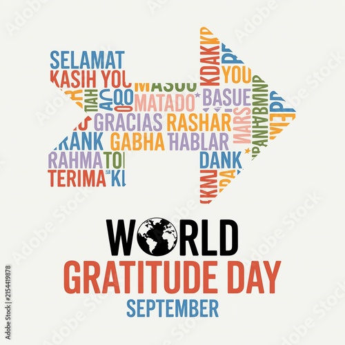 Gratitude word cloud arrow illustration representing global appreciation for World Gratitude Day with thank you terms in multiple languages on a light grey background.