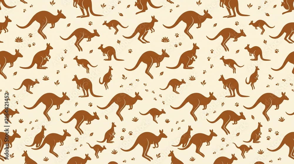 Kangaroo seamless pattern with brown animal silhouettes on beige background. Australian wildlife wallpaper with kangaroo footprints. Earthy tone marsupial fabric print for nursery and decor.