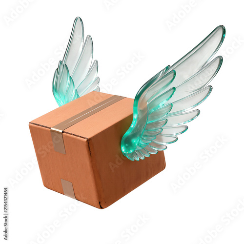 Flying Package with Futuristic Glowing Wings