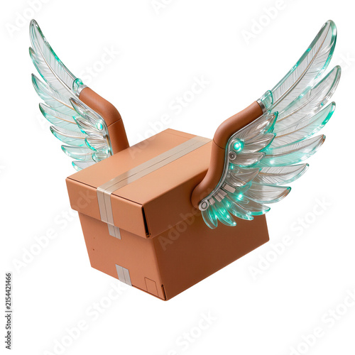Flying Package with Futuristic Glowing Wings