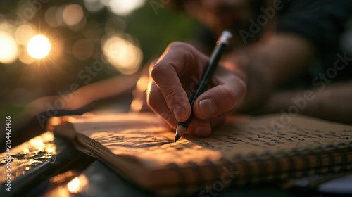 Close-Up of Hand Writing in Notebook at Sunset