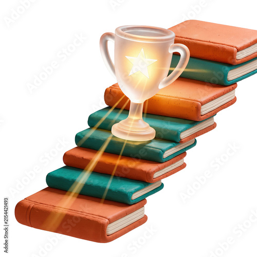 Glowing Trophy on Staircase of Colorful Books