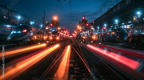 Trains and Light Trails on Railway Tracks at Night
