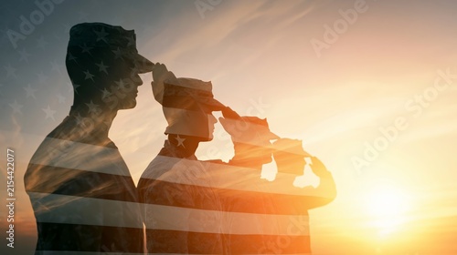 Saluting soldiers with a superimposed American flag against a warm sunset, representing honor, service, and sacrifice