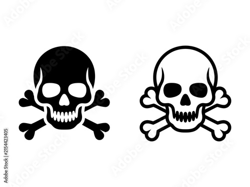Two graphic icons of human skulls with crossbones on white background