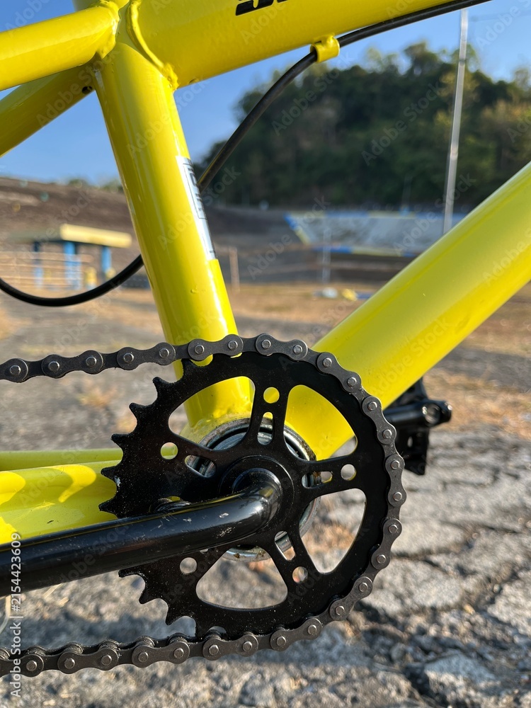Naklejka premium BMX Bicycle Drivetrain and Chainring Component Displayed Outdoors on Asphalt Road. Detailed bicycle crankset and chainring photographed in natural light for cycling and mechanical themes.