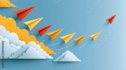 Red and yellow paper planes soar across a blue sky with clouds.