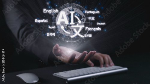Fotografie Global communication with multiple languages, digital translation tools, multilingual technology, cross-cultural communication, and virtual language learning environments
