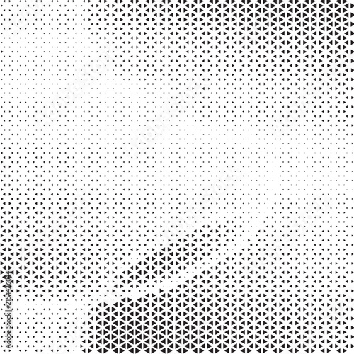 Abstract halftone pattern with gradient dots and geometric monochrome texture background.