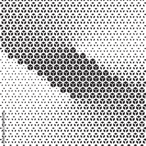 Abstract geometric halftone pattern with repeating triangular cube shapes in monochrome