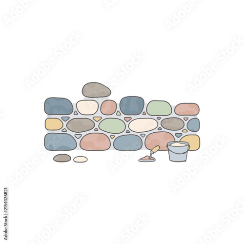 Stone wall construction with mortared joints and bucket
