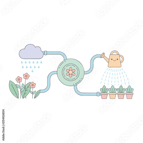 Automatic garden irrigation system diagram with cloud and plants