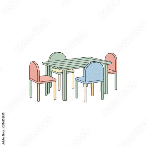 Outdoor dining table with four chairs, flat vector illustration