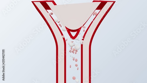 Abstract 3D Animation of Red and White Particles Flowing Through a Y Shaped Conduit.