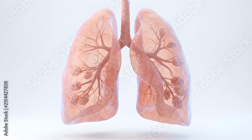 Medical 3D render of human lungs showing internal bronchial tree with respiratory