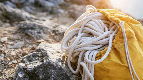 Yellow rope bag filled with white coiled climbing rope on rocky ground, ready for outdoor adventure activity