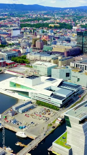 Vertical video. Oslo, Norway. City center from the air. Embankment Oslo Fjord. Oslo Opera House. Drone footage. Rich colors