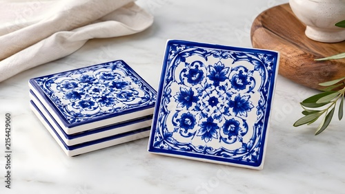 Blue and white ceramic coasters with floral pattern