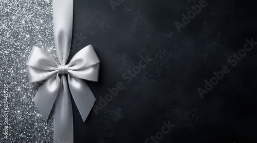Black Friday Luxury black background with silver glitter texture and satin bow for premium holiday sales or Black Friday marketing