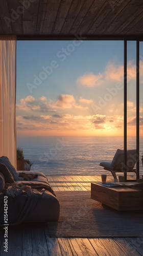 Modern interior lounge overlooks stunning ocean sunset view with comfortable furniture