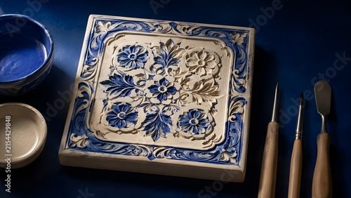 Intricate carved tile with blue floral accents and artisan tools