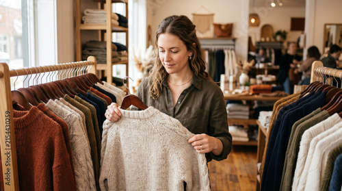 Woman examining a knitted sweater in a clothing boutique