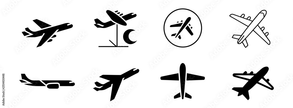 Fototapeta premium Plane Flight Icons, vector symbols featuring airplanes, airline travel, airports, journeys, vacations, aviation, and passenger flight concepts, clean modern SVG design. 