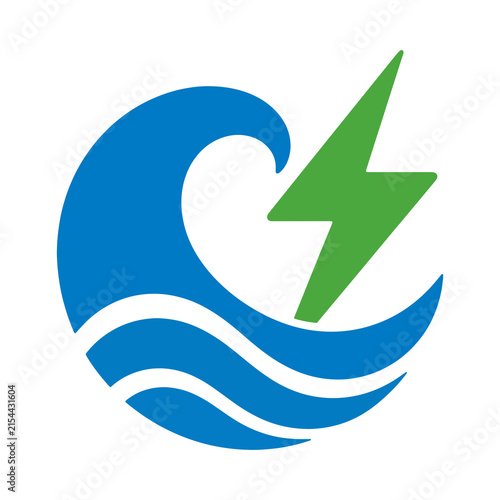 Water Energy Icon Featuring Blue Wave and Green Lightning Bolt Symbol with Renewable and Power and Electricity