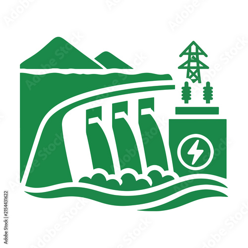 Hydroelectric Dam with Water Flow, Power Transmission Tower, and Lightning Bolt Symbol in Green Vector Icon Design